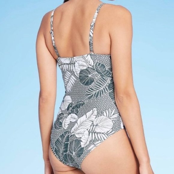 Kona Sol One Piece Tropical Swimsuit, Black and White with Ring Detsil, Size S - Picture 2 of 6